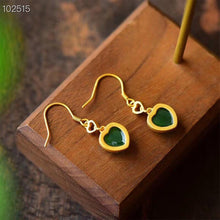 Load image into Gallery viewer, Lokaloca Silver Inlaid Natural Fine Jade Heart Shaped Earrings
