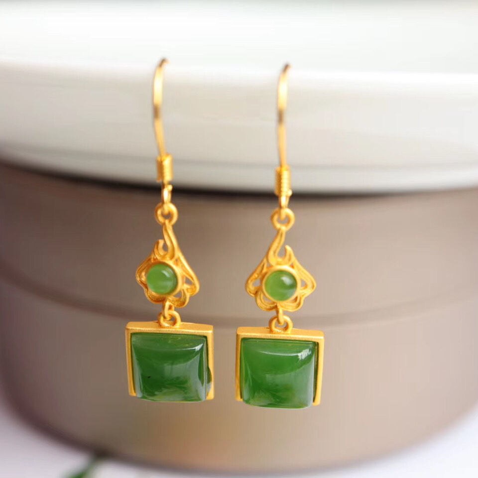 Lokaloca Silver Inlaid Natural Fine Jade Jasper Square Long Earrings