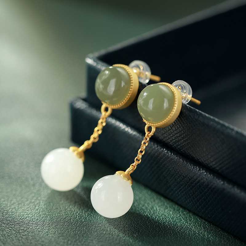 Lokaloca New Silver Inlaid Natural Fine Jade Earrings