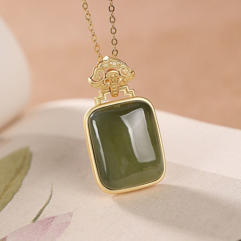 Lokaloca Silver Inlaid Natural Fine Jade Pendant Necklace