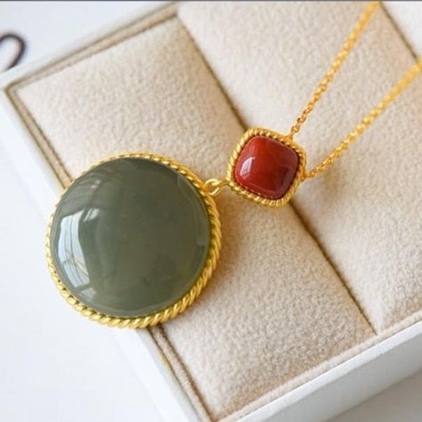 Silver Inlaid Natural Fine Jade Round Pendant Necklace Vintage Style Retro Elegant Luxury Charm Women's Jewelry