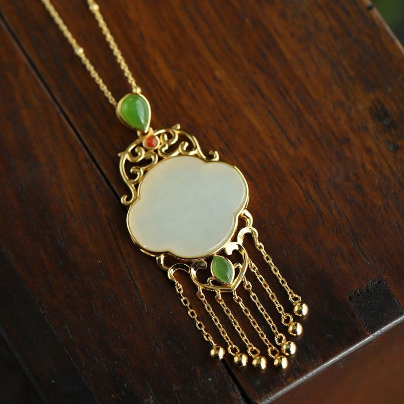 New Silver Inlaid Natural Fine White Jade Pendant Necklace Vintage Style Retro Gilded Tassel Luxury Charm Lady Jewelry