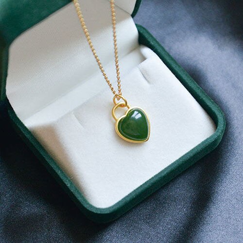 Lokaloca Natural Fine Jade Jasper Love Heart Pendant Necklace