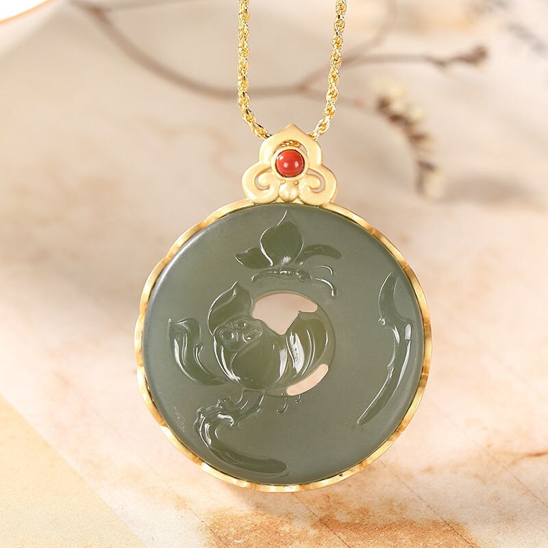 New Silver Inlaid Natural Fine Jade Lotus Pendant Necklace Vintage Retro Unique Craft Charm Women's Jewelry