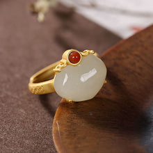 Load image into Gallery viewer, New Silver Inlaid Natural Fine White Jade Ring Vintage Style Retro Unique Sand Gold Craft Opening Adjustable Women&#39;s Brand Jewelry
