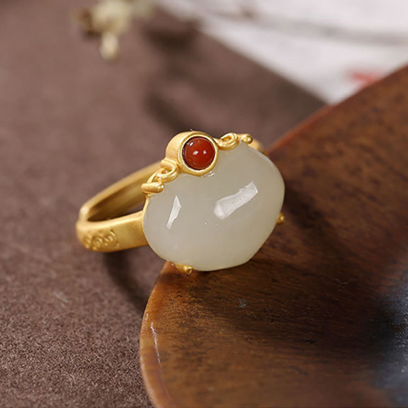 New Silver Inlaid Natural Fine White Jade Ring Vintage Style Retro Unique Sand Gold Craft Opening Adjustable Women's Brand Jewelry