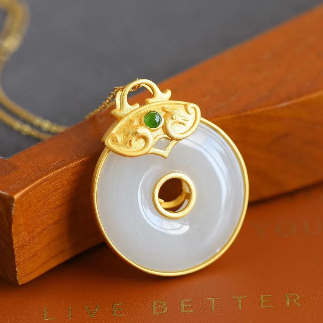 New Silver Inlaid Natural Fine White Jade Round Pendant Necklace Unique Ancient Gold Craftsmanship