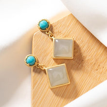 Load image into Gallery viewer, Silver Inlaid Natural Fine White Jade Turquoise Square Earrings Vintage Style Retro Women&#39;s Charm Jewelry
