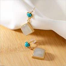 Load image into Gallery viewer, Silver Inlaid Natural Fine White Jade Turquoise Square Earrings Vintage Style Retro Women&#39;s Charm Jewelry
