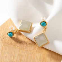 Load image into Gallery viewer, Silver Inlaid Natural Fine White Jade Turquoise Square Earrings Vintage Style Retro Women&#39;s Charm Jewelry
