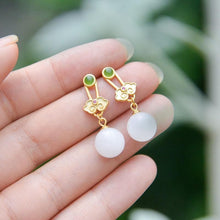 Load image into Gallery viewer, New Silver Inlaid Natural Fine White Jade Chalcedony Round Earrings Vintage Retro Style Elegant Charm Women&#39;s Jewelry
