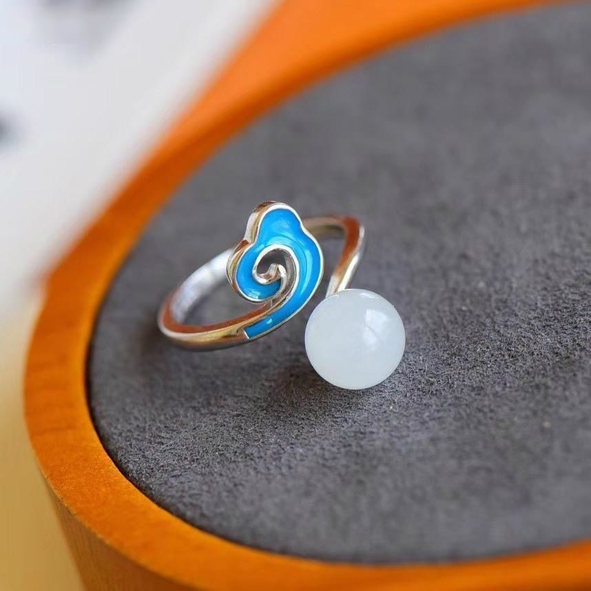 New Silver Inlaid Natural Fine White Chalcedony Adjustable Ring Vintage Style Retro Enamel Women's Brand Jewelry