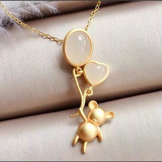 Silver Inlaid Natural Fine White Chalcedony Clavicle Chain Love Balloon Bear Cute Elegant Pendant