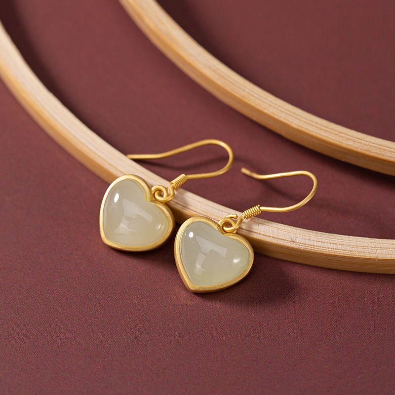 Silver Inlaid Natural Fine White Chalcedony Earrings Heart-shaped  Romantic Design Charm Brand Jewelry