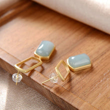 Load image into Gallery viewer, Silver Inlaid Natural Fine Jade Geometric Square Earrings Vintage Retro Charm Women&#39;s Jewelry
