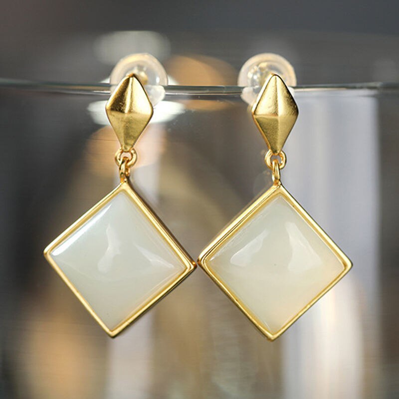 Lokaloca Silver Inlaid Natural Fine White Jade Chalcedony Earrings