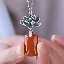 Load image into Gallery viewer, Silver Inlaid Natural Fine Southern Red Agate Lotus Pendant Necklace Unique Craft Charm Women&#39;s Brand Jewelry
