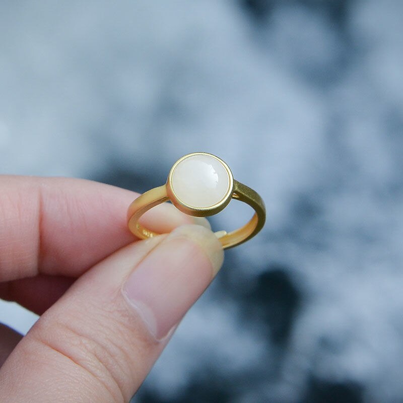 Silver Inlaid Natural Fine White Chalcedony Opening Adjustable Ring Vintage Retro Niche Design Charm Women's Brand Jewelry