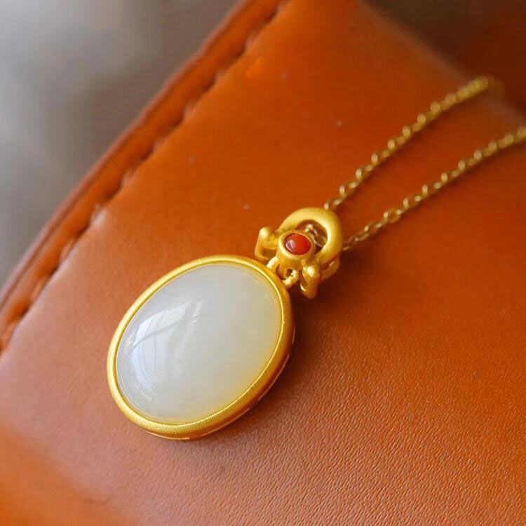 Lokaloca Natural Fine White Jade Chalcedony Oval Pendant Necklace