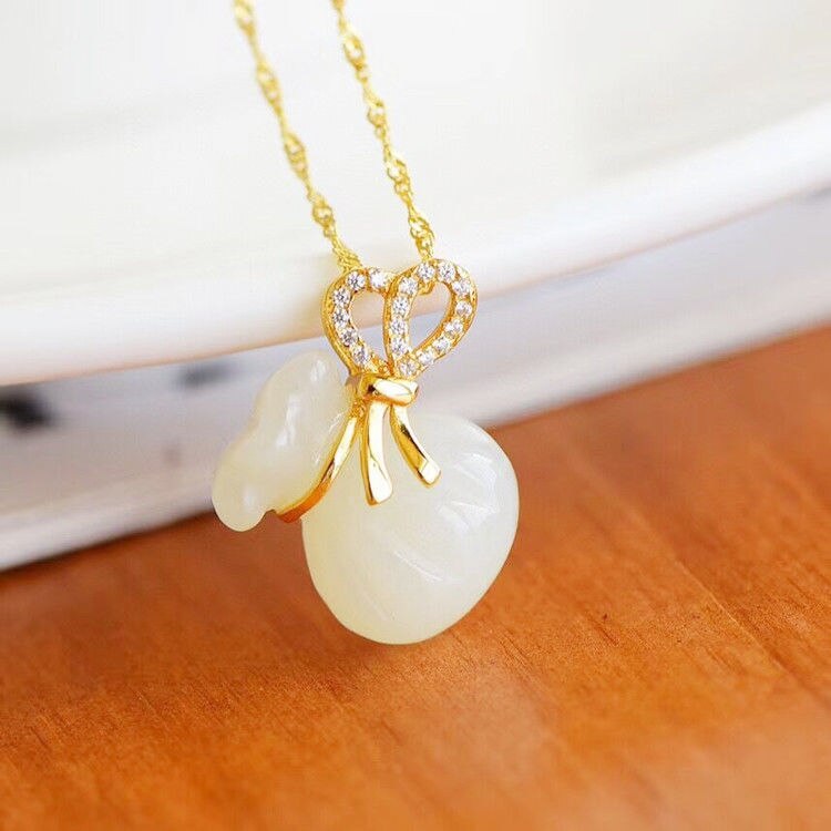 Silver Inlaid Natural Fine White Jade Lucky Bag Pendant Necklace Vintage Style Antique Craft Gold Charm Women's Jewelry