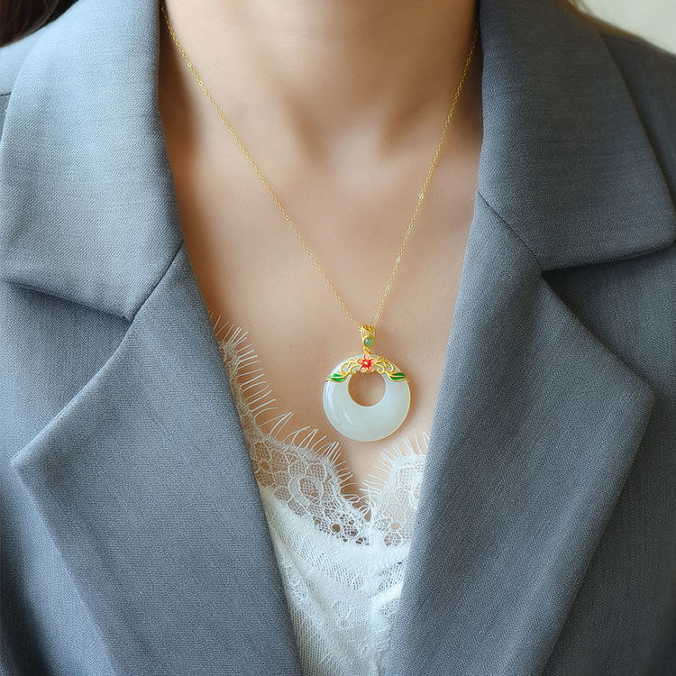 Silver Inlaid Natural Fine White Chalcedony Jade Enamel Pendant Necklace Vintage Style Retro Charming Women's Jewelry