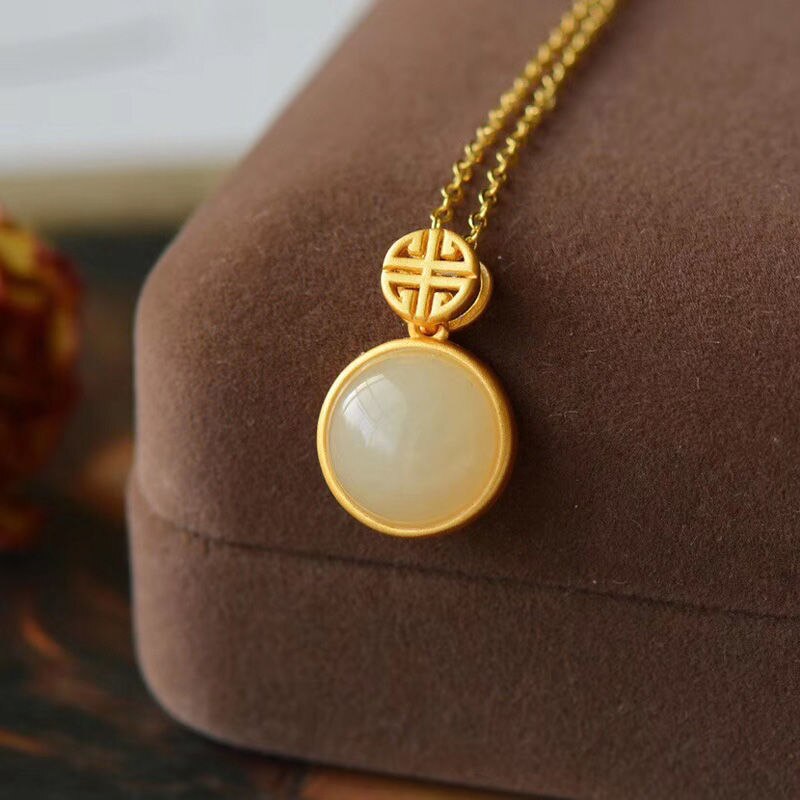 Silver Inlaid Natural Fine White Jade Round Pendant Necklace Vintage Niche Design Women's Brand Jewelry