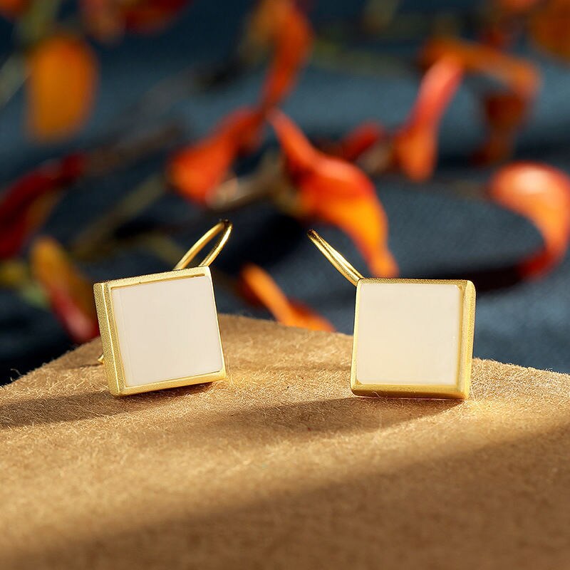 Silver Inlaid Natural Fine White Jade Square Earrings Vintage Style Retro Unique Craft Women's Brand Jewelry