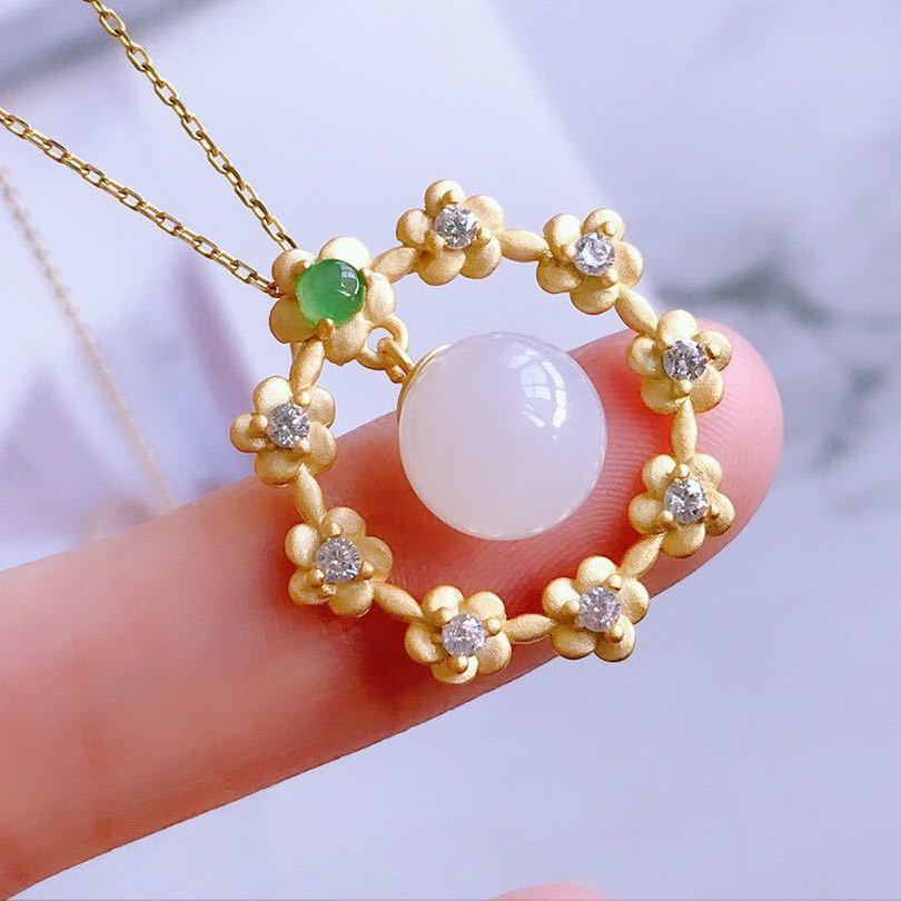 Silver Inlaid Natural Fine White Jade Flower Pendant Necklace Vintage Retro Luxury Charm Women's Jewelry