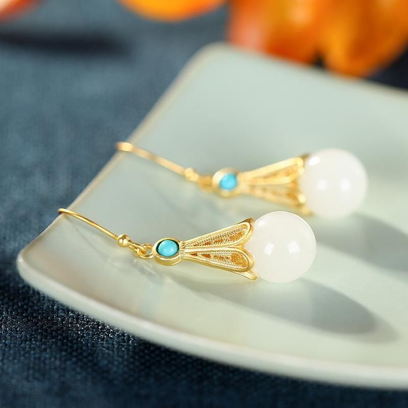 Silver Inlaid Natural Fine White Jade Earrings Vintage Style Retro Unique Craft Charm Women's Brand Jewelry