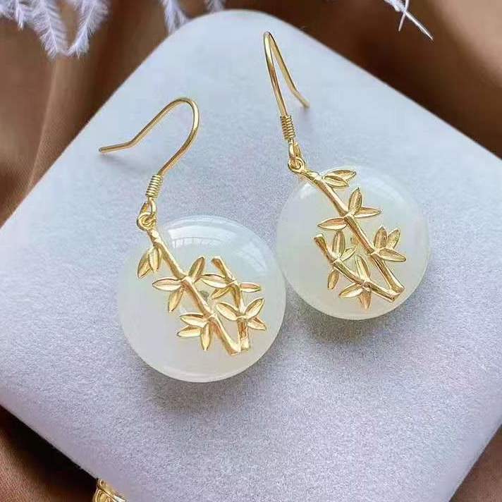 New Silver Inlaid Natural Fine White Jade Gilt Bamboo Leaf Earrings Retro Vintage Elegant Ladies Brand Jewelry