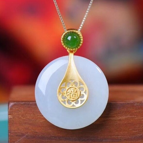 Silver Inlaid Natural Fine White Jade Pendant Necklace Vintage Style Retro Minority Design Charm Women's Jewelry