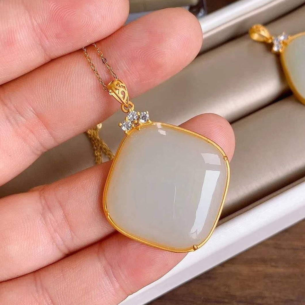 Silver Inlaid Natural Fine White Jade Pendant Necklace Vintage Style Retro Bohemian Charm Women's Jewelry