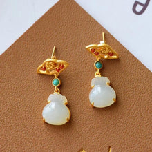 Load image into Gallery viewer, Silver Inlaid Natural Fine White Jade Lucky Bag-shaped Earrings Vintage Retro Unique Craft Charm Women&#39;s Jewelry
