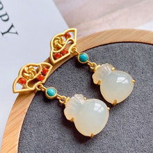 Load image into Gallery viewer, Silver Inlaid Natural Fine White Jade Lucky Bag-shaped Earrings Vintage Retro Unique Craft Charm Women&#39;s Jewelry
