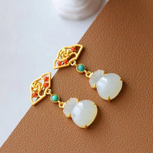 Load image into Gallery viewer, Silver Inlaid Natural Fine White Jade Lucky Bag-shaped Earrings Vintage Retro Unique Craft Charm Women&#39;s Jewelry
