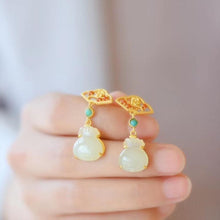 Load image into Gallery viewer, Silver Inlaid Natural Fine White Jade Lucky Bag-shaped Earrings Vintage Retro Unique Craft Charm Women&#39;s Jewelry
