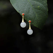 Load image into Gallery viewer, Silver Inlaid Natural Fine White Jade Round Bead Earrings Vintage Style Retro Elegant Design Women&#39;s Jewelry
