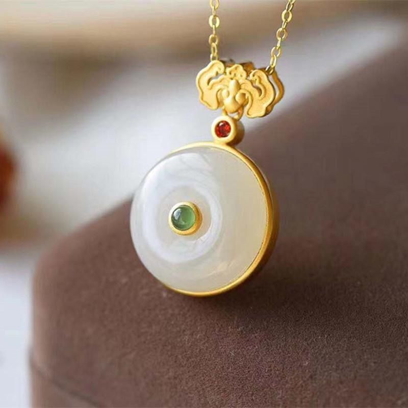 New Silver Inlaid Natural Fine White Jade Round Pendant Necklace Vintage Retro Charm Women's Jewelry