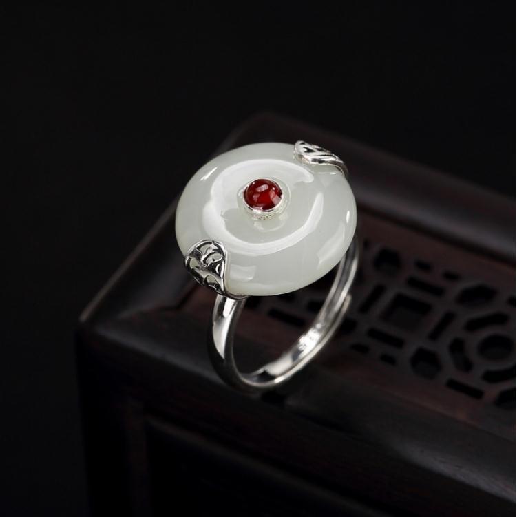 New Silver Inlaid Natural Fine White Jade Retro Romantic Open Adjustable Ring