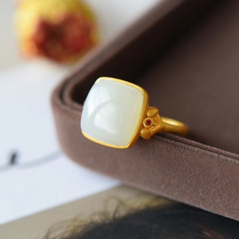 New Silver Inlaid Natural Fine White Jade Square Opening Adjustable Ring Vintage Retro Women's Brand Jewelry