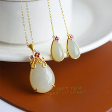 Load image into Gallery viewer, Silver Inlaid Natural White Jade Drop Shaped Pendant Necklace Earrings Exquisite Vintage Style Women&#39;s Brand Jewelry Set
