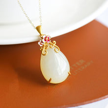 Load image into Gallery viewer, Silver Inlaid Natural White Jade Drop Shaped Pendant Necklace Earrings Exquisite Vintage Style Women&#39;s Brand Jewelry Set
