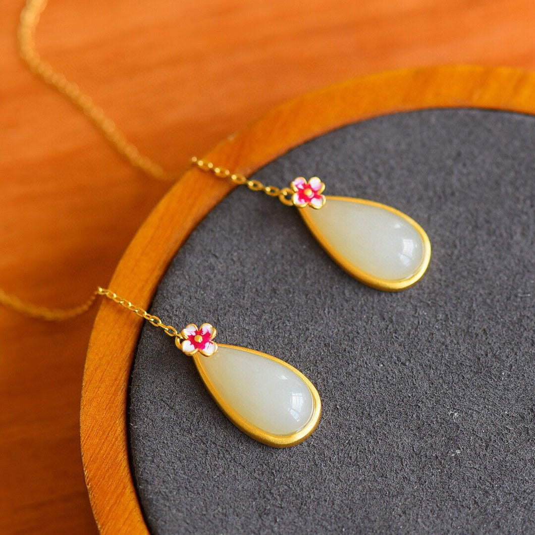 Silver Inlaid Natural White Jade Drop Shaped Earrings Exquisite Vintage Style Women's Brand Jewelry