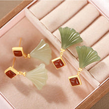 Load image into Gallery viewer, Lokaloca Silver Inlaid Natural White Jade Red Agate Ginkgo Leaf Earrings
