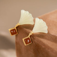 Load image into Gallery viewer, Lokaloca Silver Inlaid Natural White Jade Red Agate Ginkgo Leaf Earrings
