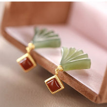 Load image into Gallery viewer, Lokaloca Silver Inlaid Natural White Jade Red Agate Ginkgo Leaf Earrings
