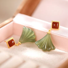 Load image into Gallery viewer, Lokaloca Silver Inlaid Natural White Jade Red Agate Ginkgo Leaf Earrings
