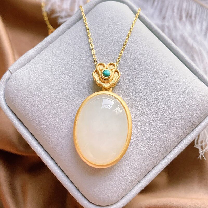 Silver Inlaid Natural White Chalcedony Pendant Necklace Cool Craft Charm Women's Jewelry