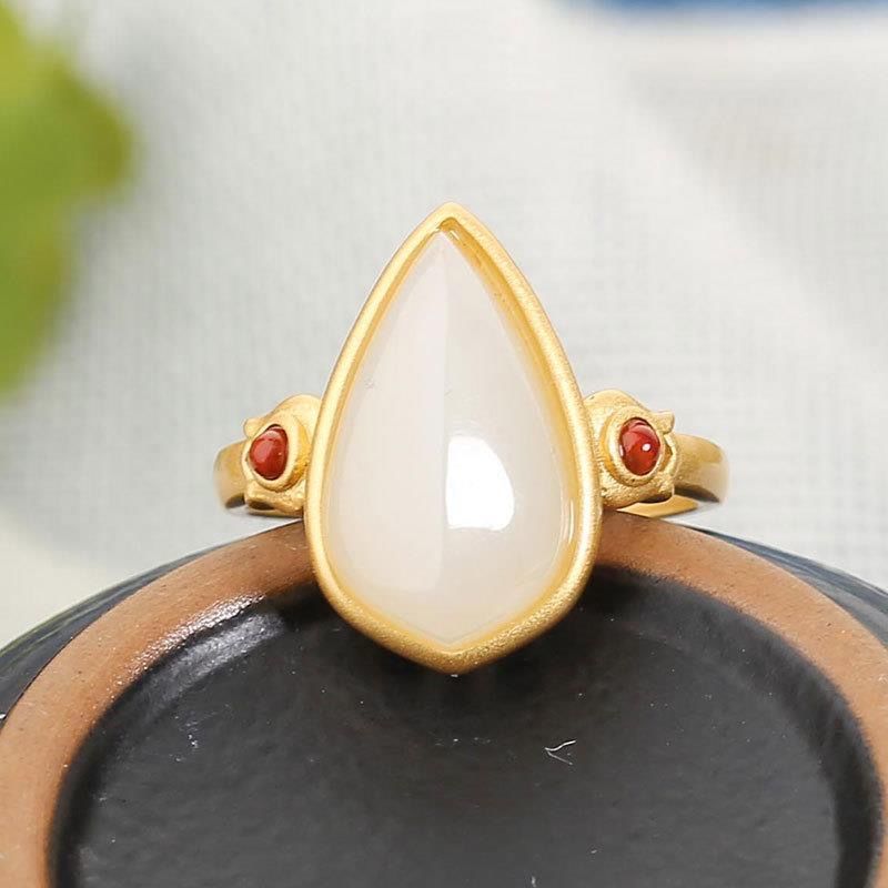 Lokaloca Natural White Jade Chalcedony Water Drop Opening Adjustable Ring