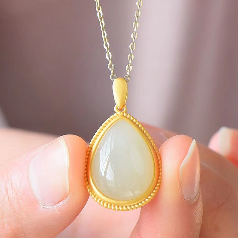 Silver Inlaid Natural White Jade Drop Shaped Pendant Necklace Vintage Style Retro Cool Charm Luxury Lady Jewelry